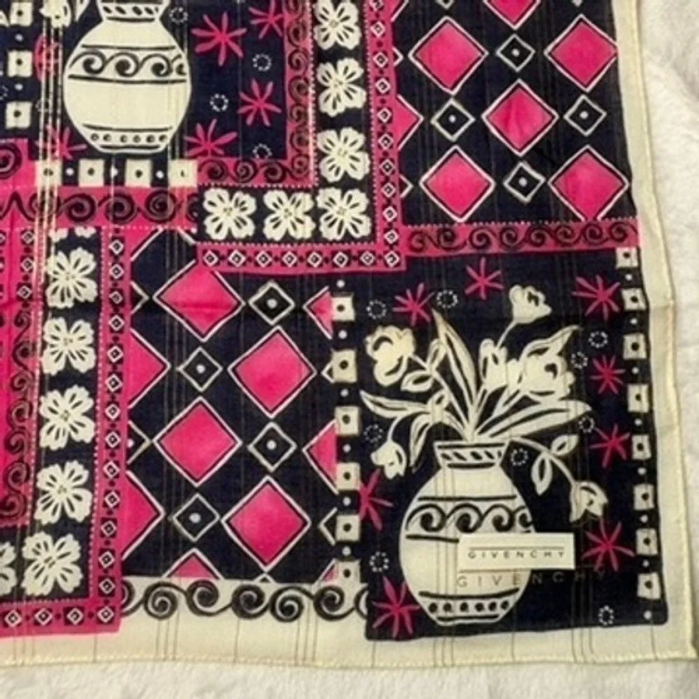 Vtg GIVENCHY Scarf Handkerchief Floral Geometric Pink Navy 18.5